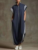 Women's Stand-collar Short-sleeved Casual Loose Cotton Wide-leg Jumpsuit