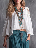 Women's Solid Color Round Neck 3/4 Sleeve Casual Loose Hollowed-out Lace Patchwork Cotton And Linen Top
