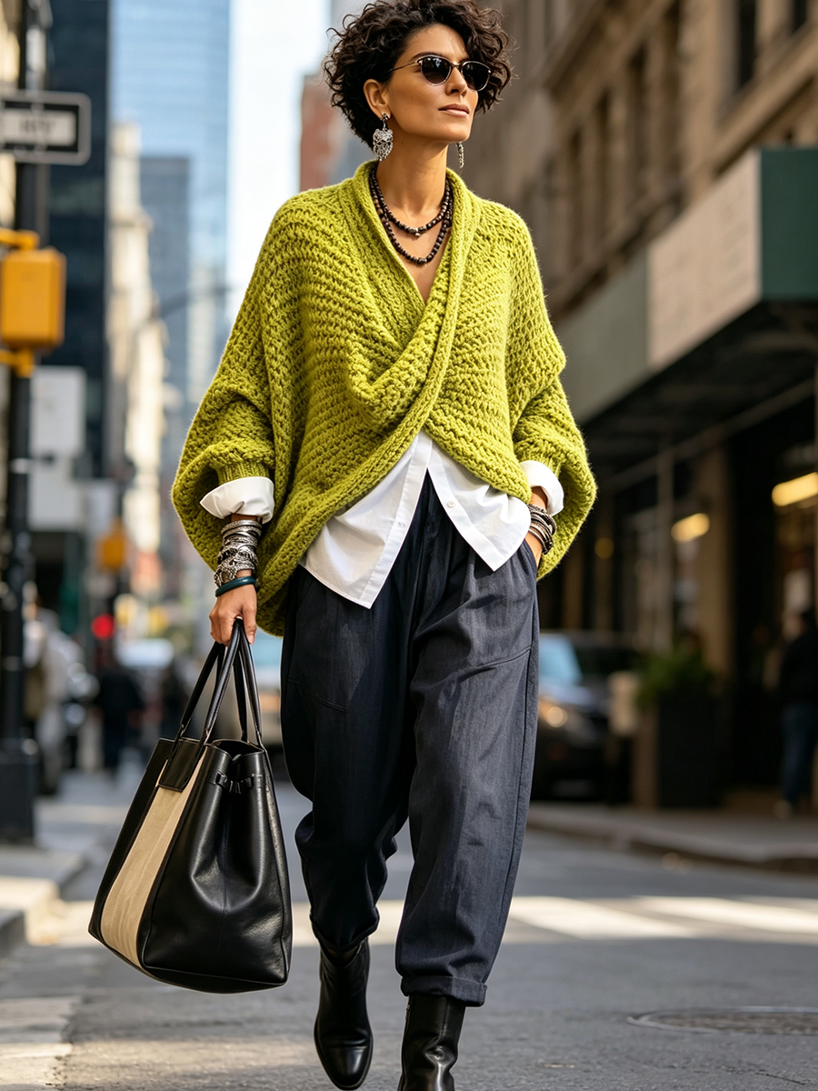 Cozy Relaxed Batwing Sleeves Crossover V-neck Sweater