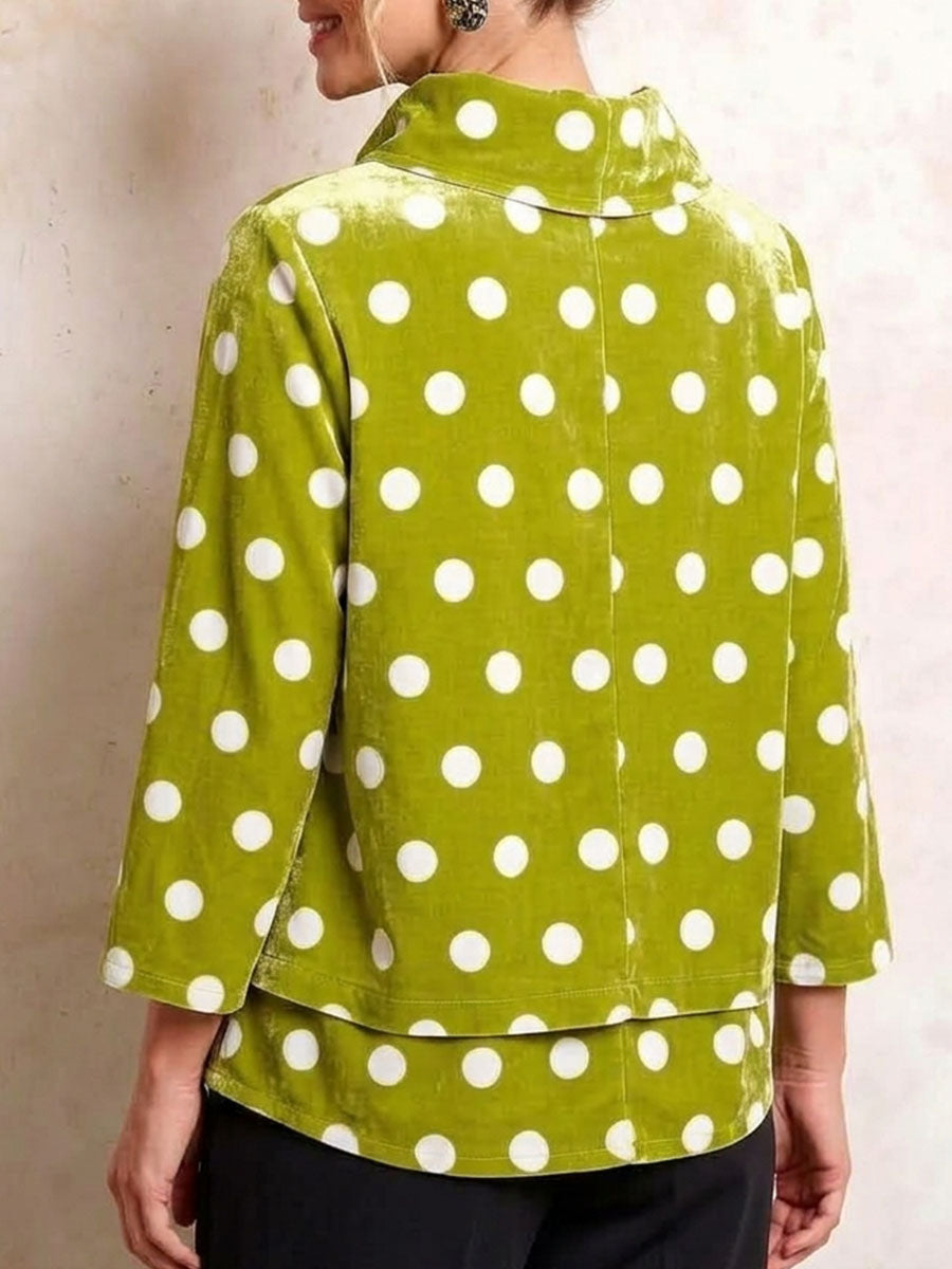 Women's Long-sleeve Velvet Top With Collar And Polka-dot Print