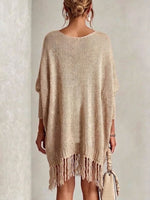 Bohemian V-neck Loose Knit Dress With Pockets And Tassels