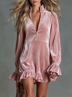 Women's Solid Color Stand Collar Long Sleeve Casual Loose Velvet Dress