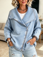 Chic Asymmetric Light Blue Denim Zip Jacket