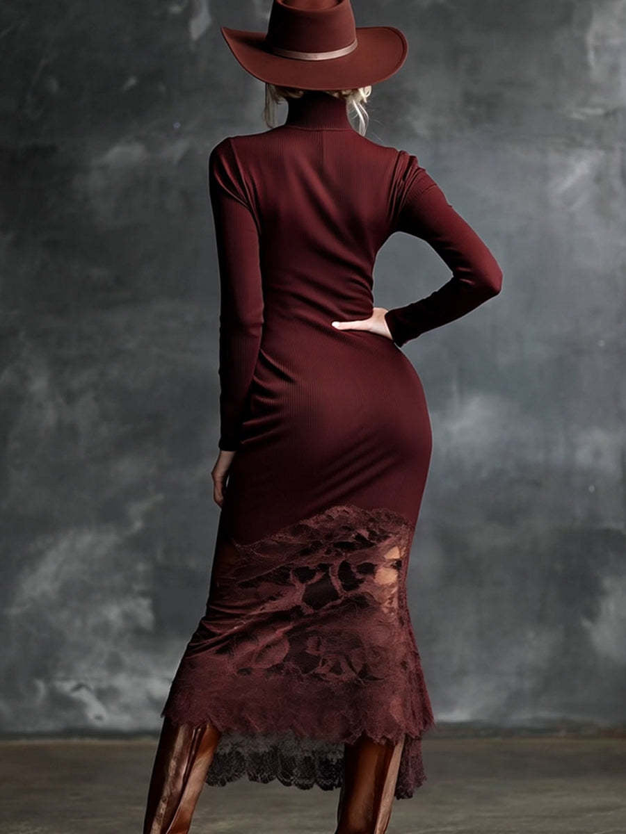 Elegant Ribbed Knit Midi Dress With Lace Paneling And High Neck