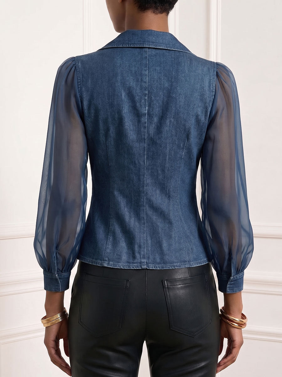 Women's Collared Long-sleeved Chiffon And Denim Patchwork Top