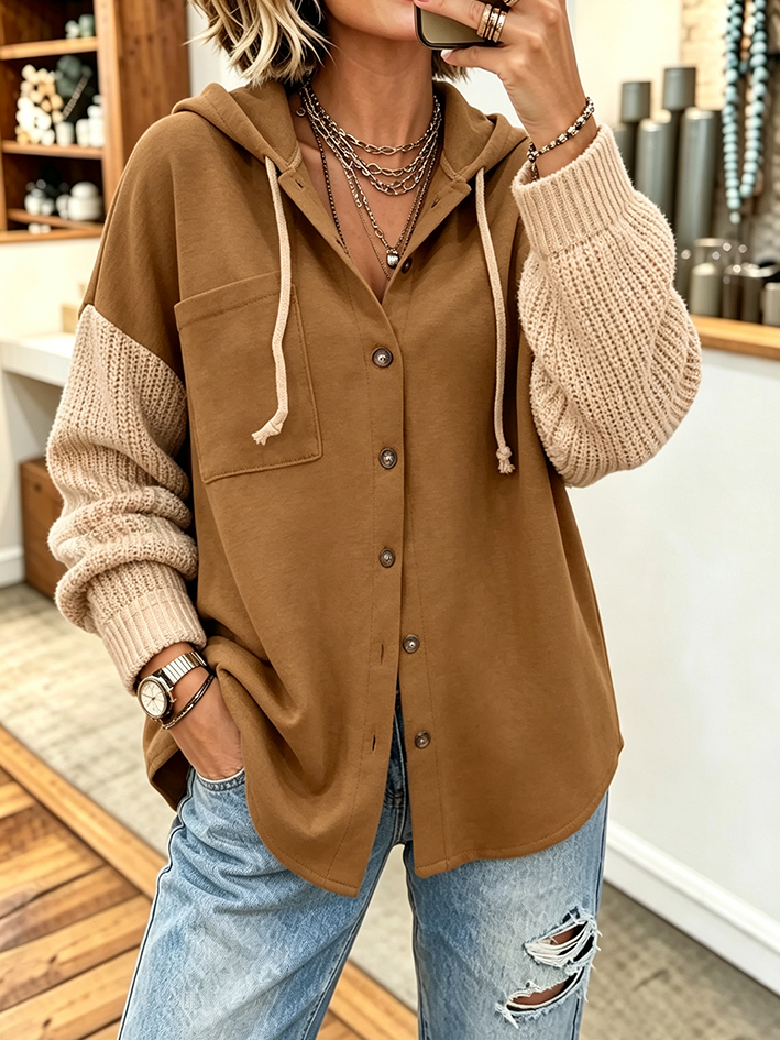 Cozy, Stylish Knit-sleeve Button-up Hooded