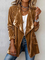Women's Camel Velvet Open Front Draped Cardigan