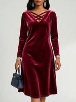V-neck Crisscross Strap Velvet Long Sleeve Dress