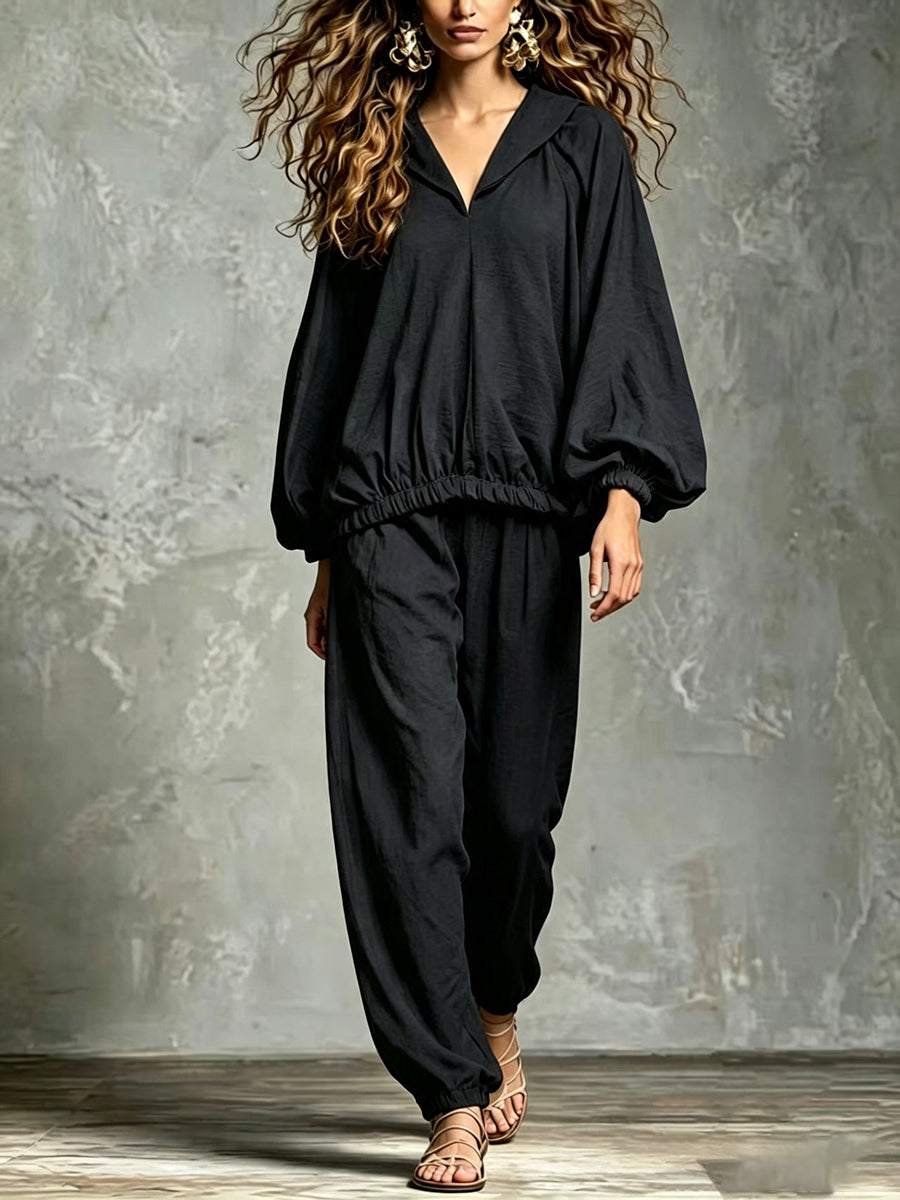 Loose-fit Casual Cotton-linen Top And Trousers Two-piece Set