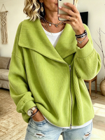 Chic Asymmetric Lime Green Ribbed Zip Jacket