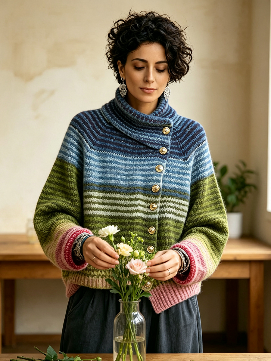 Cozy Gradient Striped Turtleneck Knit Sweater