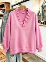 Cozy Oversized Vibrant Pink Ruffled Sweatshirt