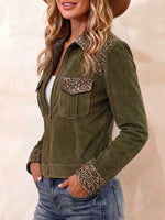 Women's Lapel Long-sleeve Loose-fit Faux Suede Jacket With Leopard Print Panels