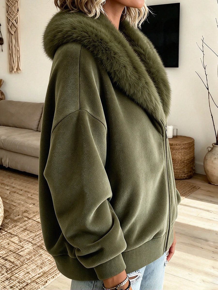 Chic Olive Green Velvet Zip-up Jacket With A Fur Collar
