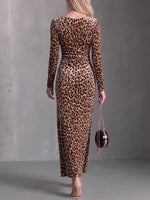 Women's Leopard Print Duffle Neck Long Sleeve Casual Loose Velvet Dress