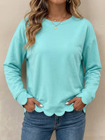 Cotton Long-sleeve Top With A Round Neck And Scalloped Hem