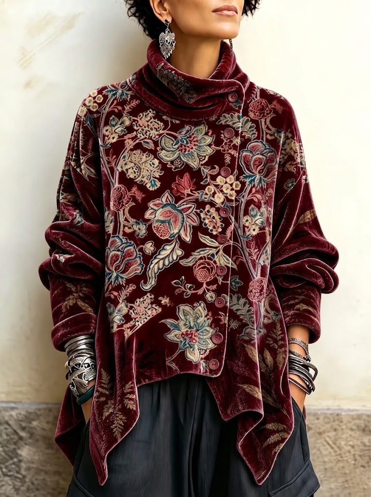 Vintage Floral Print Velvet Long Top