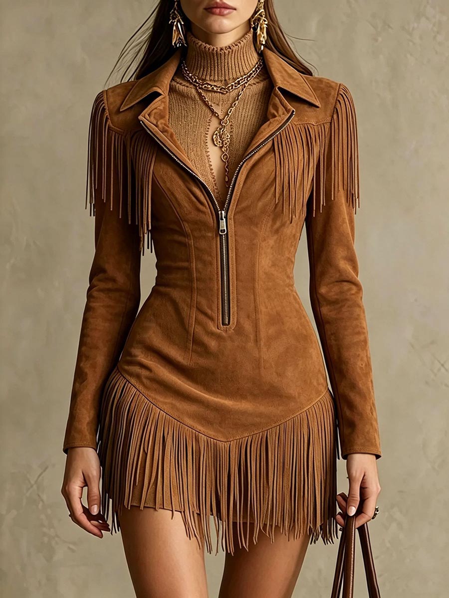 Faux Suede Zip-Up Fringe Western Mini Dress