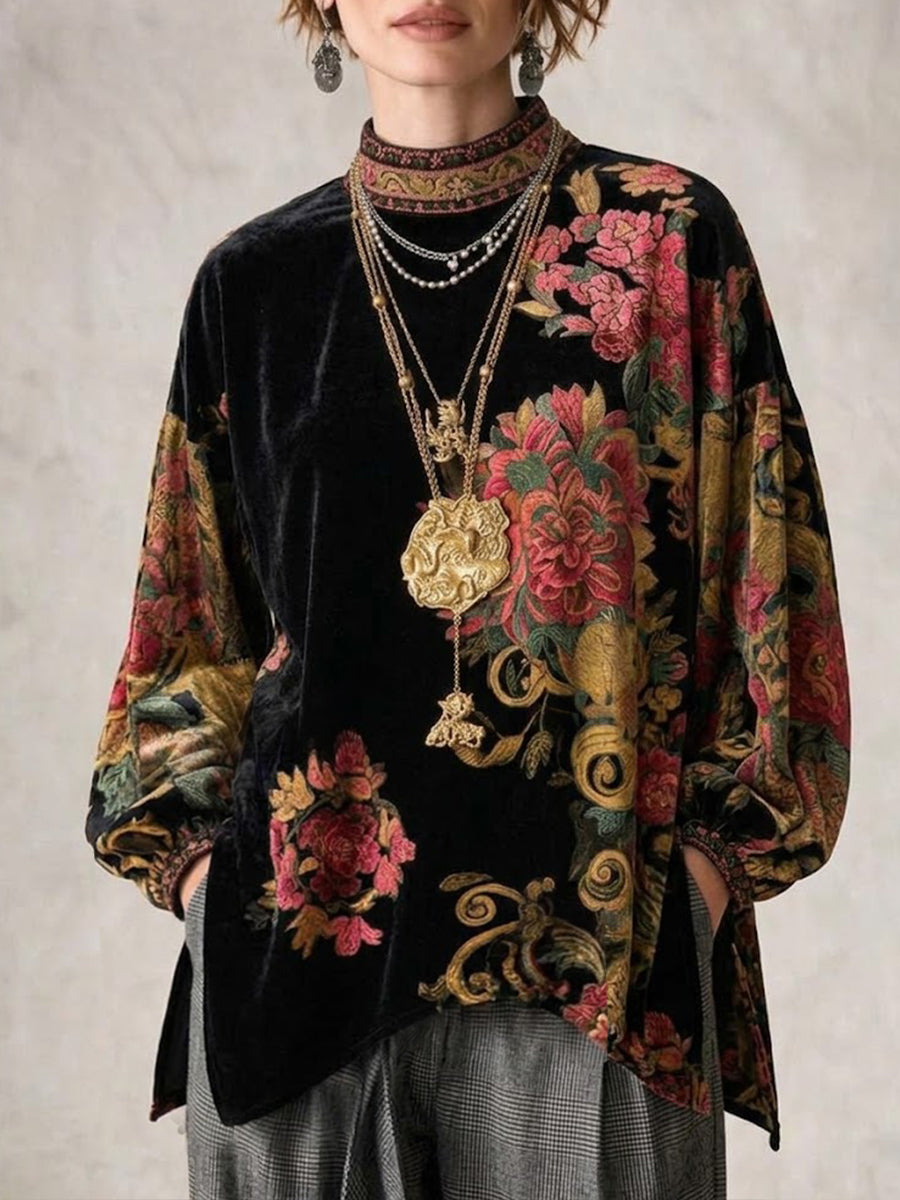 Bohemian-style Vintage-inspired Velvet Top With A Lavish Floral Print.