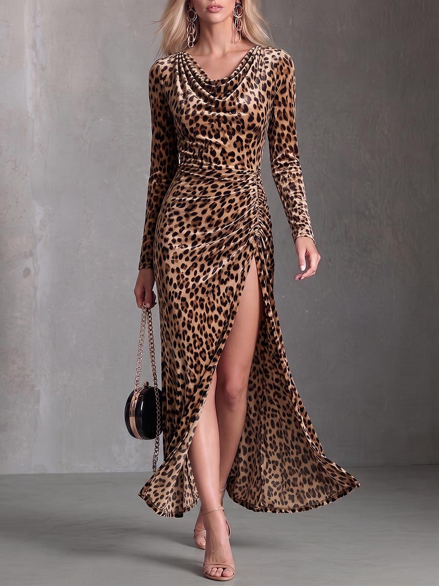 Women's Leopard Print Duffle Neck Long Sleeve Casual Loose Velvet Dress