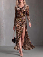 Women's Leopard Print Duffle Neck Long Sleeve Casual Loose Velvet Dress