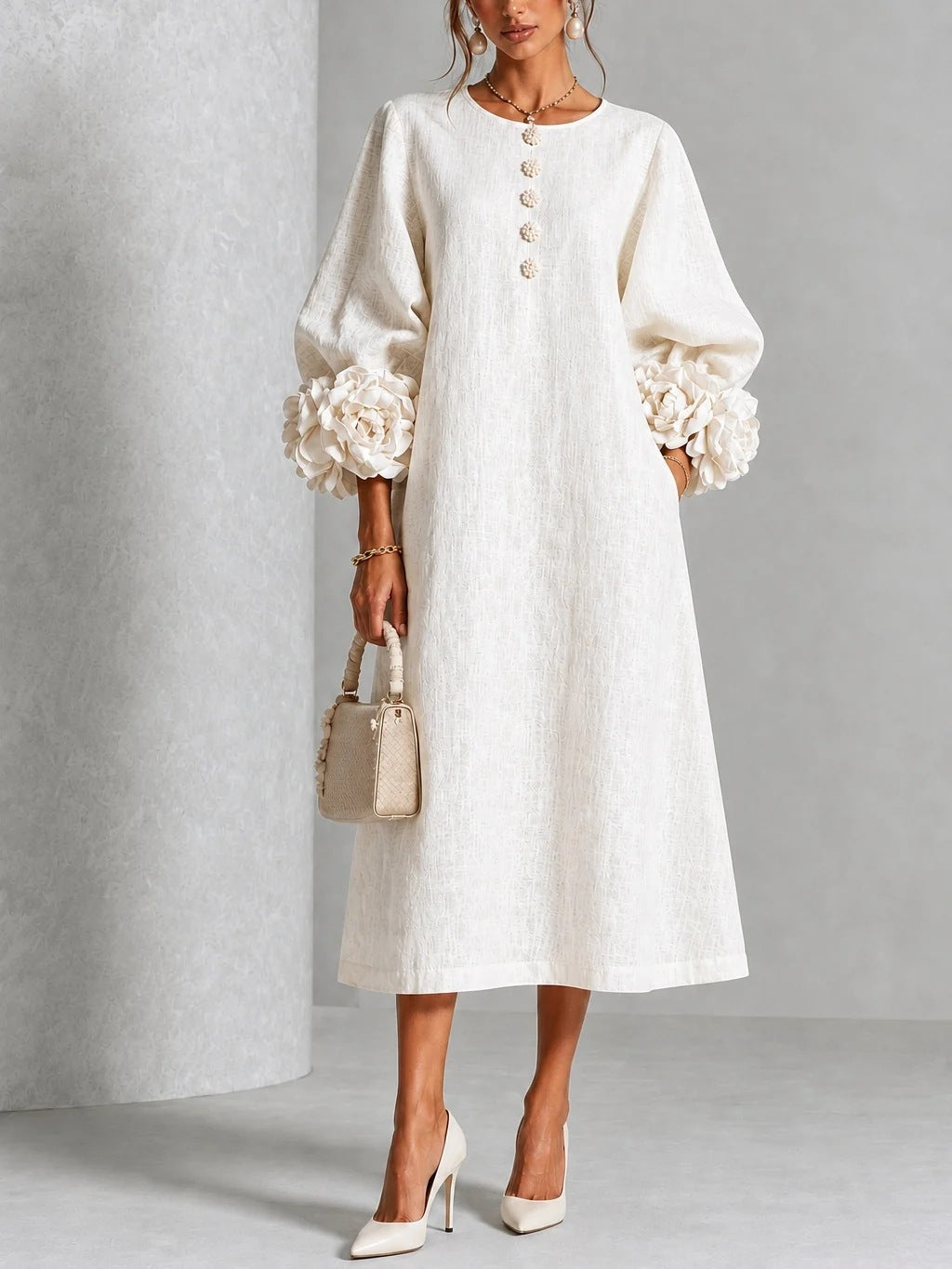 Elegant Blush Pink 3D Rosette Midi Dress