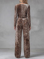 Women's Leopard Print Duffle Neck Long Sleeve Casual Loose Top High Waist Wide Leg Pants Velvet Suit