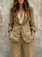 Casual Linen-cotton Blazer With Ruffle Details