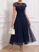 Women's Solid Color Round Neck Short Sleeve Casual Loose Mesh Patchwork Dress
