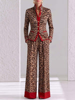 Women's Leopard Print Stand Collar Long Sleeve Casual Loose Color-blocked Jacket