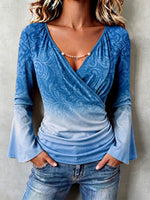 Boho Ombre Paisley Stretchy Bell Sleeves Blouse