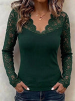 Slim-fit Long-sleeve Top With Scalloped V-neck And Lace Detailing