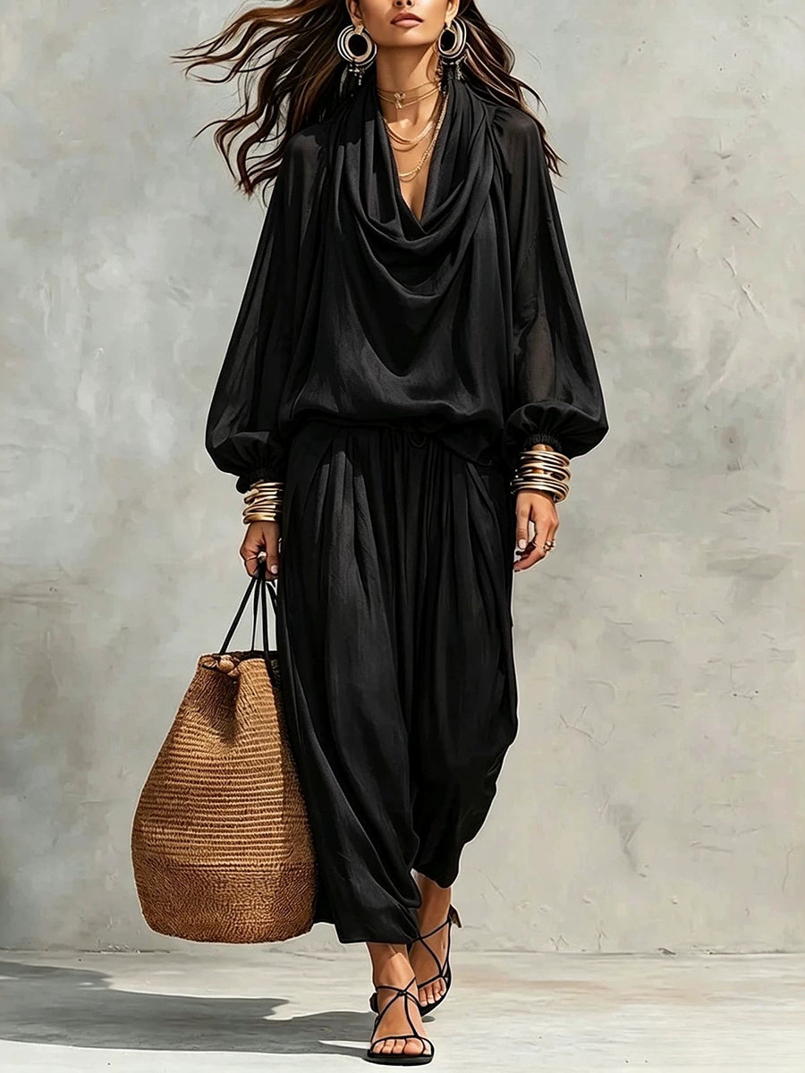 Relaxed-fit Cotton-blend Two-piece Set With A Draped Collar Top And Trousers