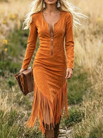 Women's Western Faux Suede Fringe V-Neck Zip-Up Long Sleeve Midi Dress