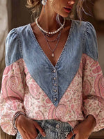 Women's V-neck Long-sleeved Casual Loose Denim Patchwork Retro Print Cotton And Linen Top