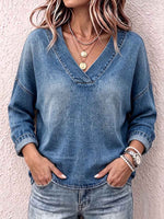 Women's V-neck Long-sleeved Casual Loose Denim Top