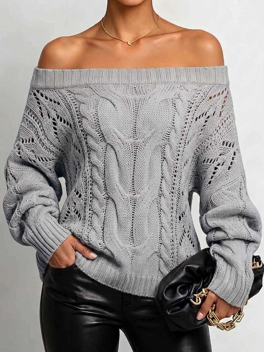 Women's Solid Color Off-shoulder Long-sleeved Casual Loose Knit Pullover Top