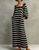 Chic Square-neck Striped Cut-out Knit Maxi Dress