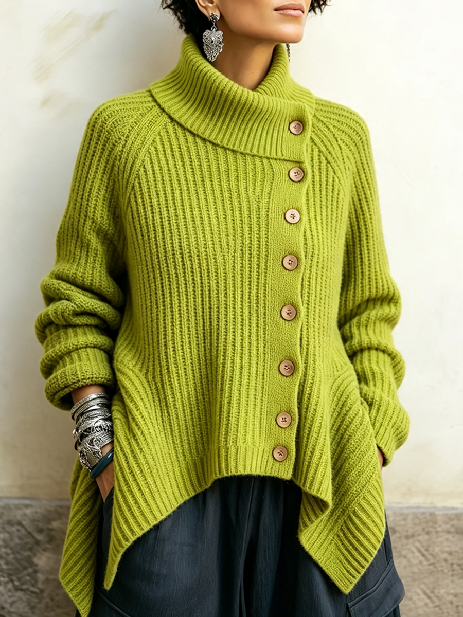 Artistic Cut Lime Green Irregular High-neck Sweater