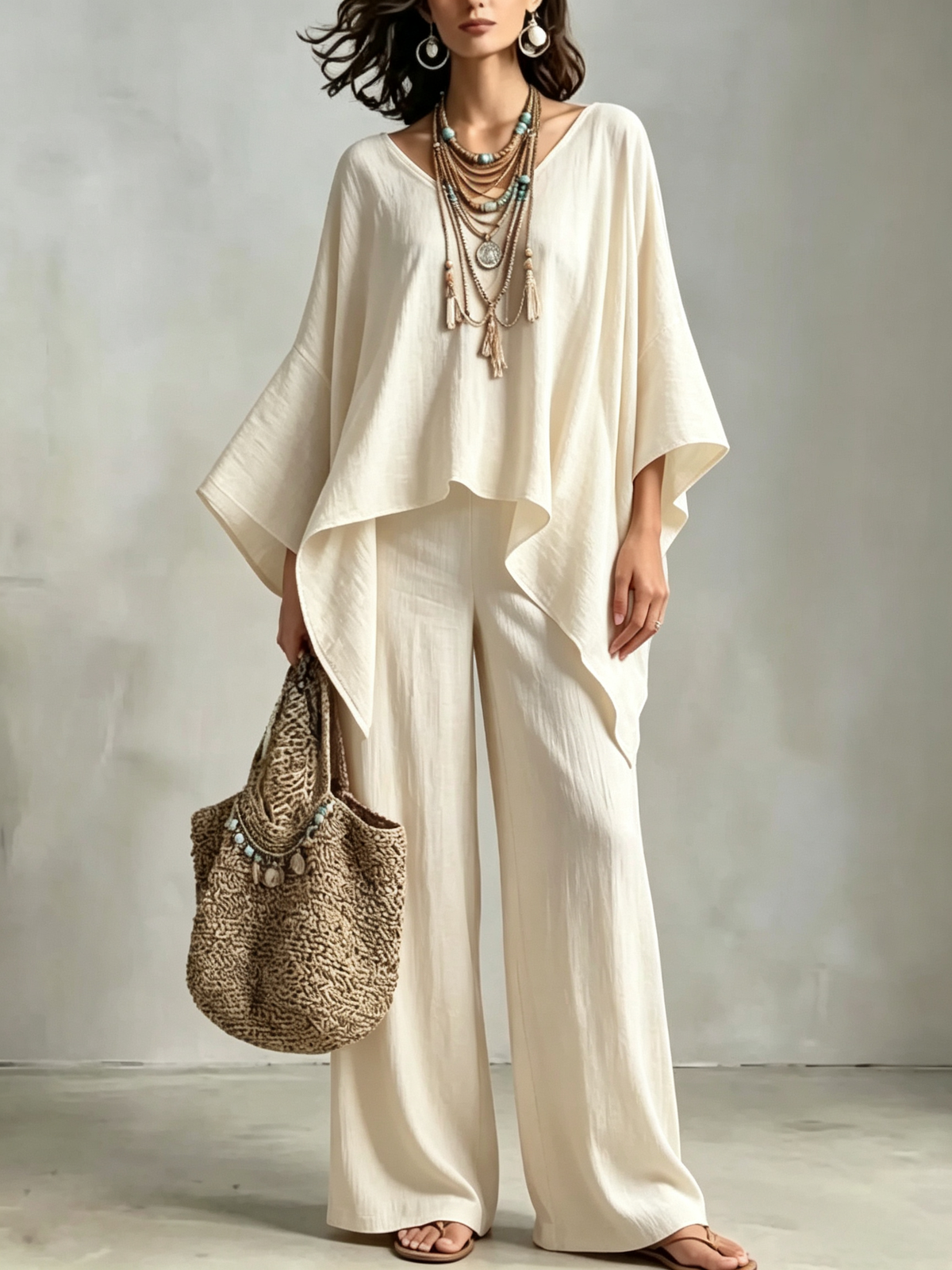 Loose-fit Solid-color Set With A Round Neck And Asymmetrical Design.