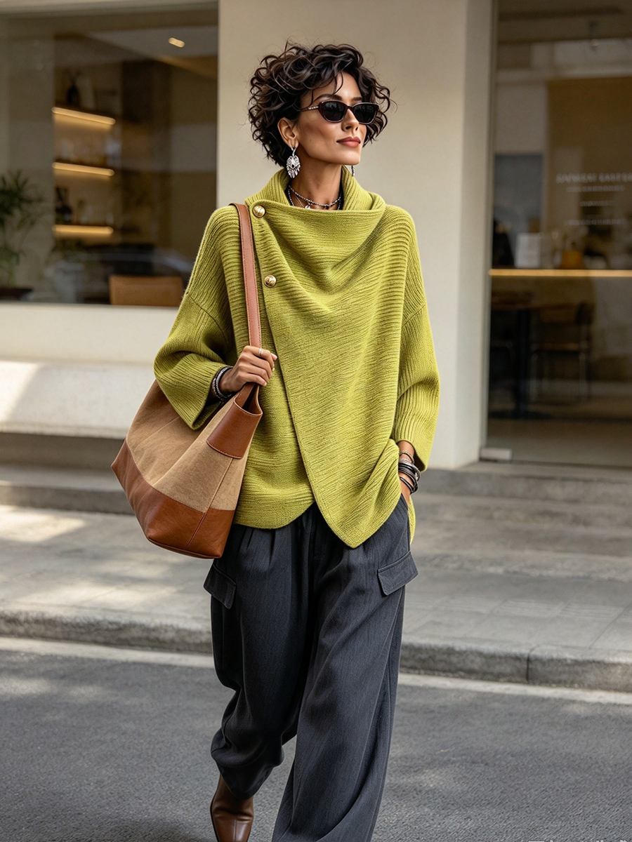 Relaxed Chic Knitted Asymmetric Button-up Top