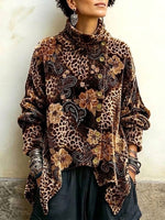 Leopard And Floral Print Velvet Asymmetric Button-front High-neck Top