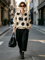 Cozy Oversized Polka Dot Lapel Collar Knit Top