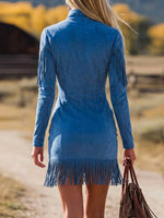 Western Blue Faux Suede Zip-Up Mini Dress with Fringe