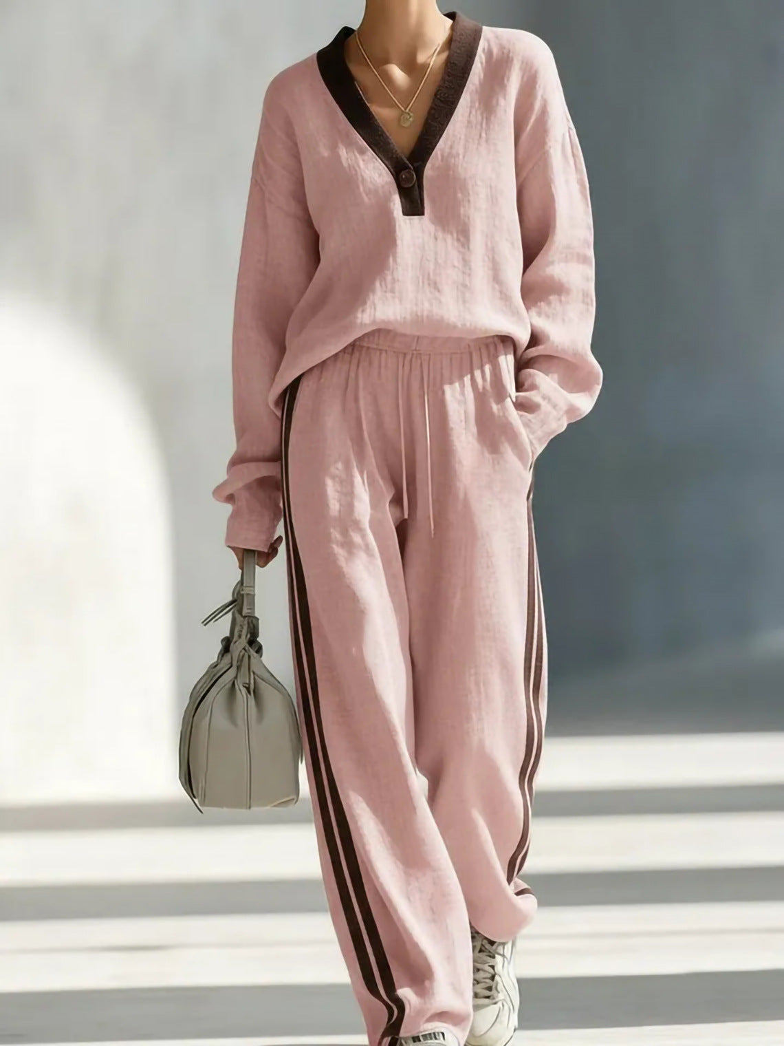 Casual Color-block Linen-cotton Top And Trousers Two-piece Set
