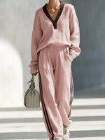Casual Color-block Linen-cotton Top And Trousers Two-piece Set