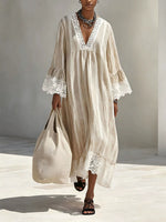 Loose-fit, Cozy Striped Linen-cotton Dress With Lace Paneling