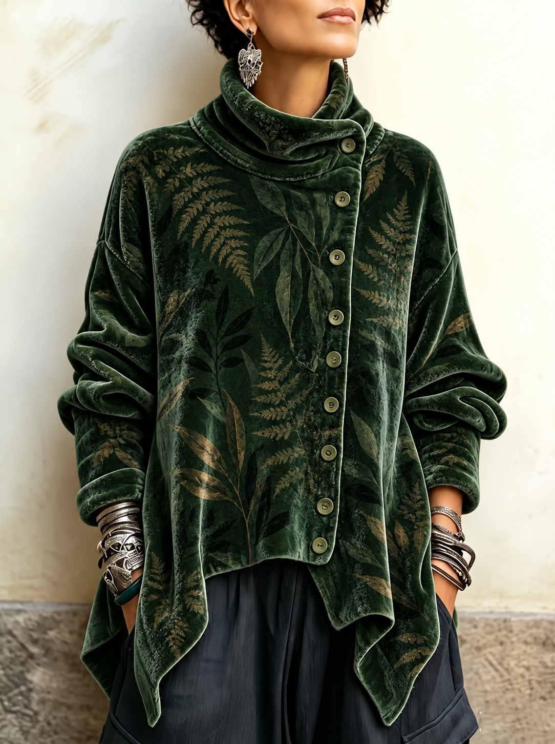 Forest Green Botanical Crushed Velvet Asymmetric Button Tunic with Funnel Neck