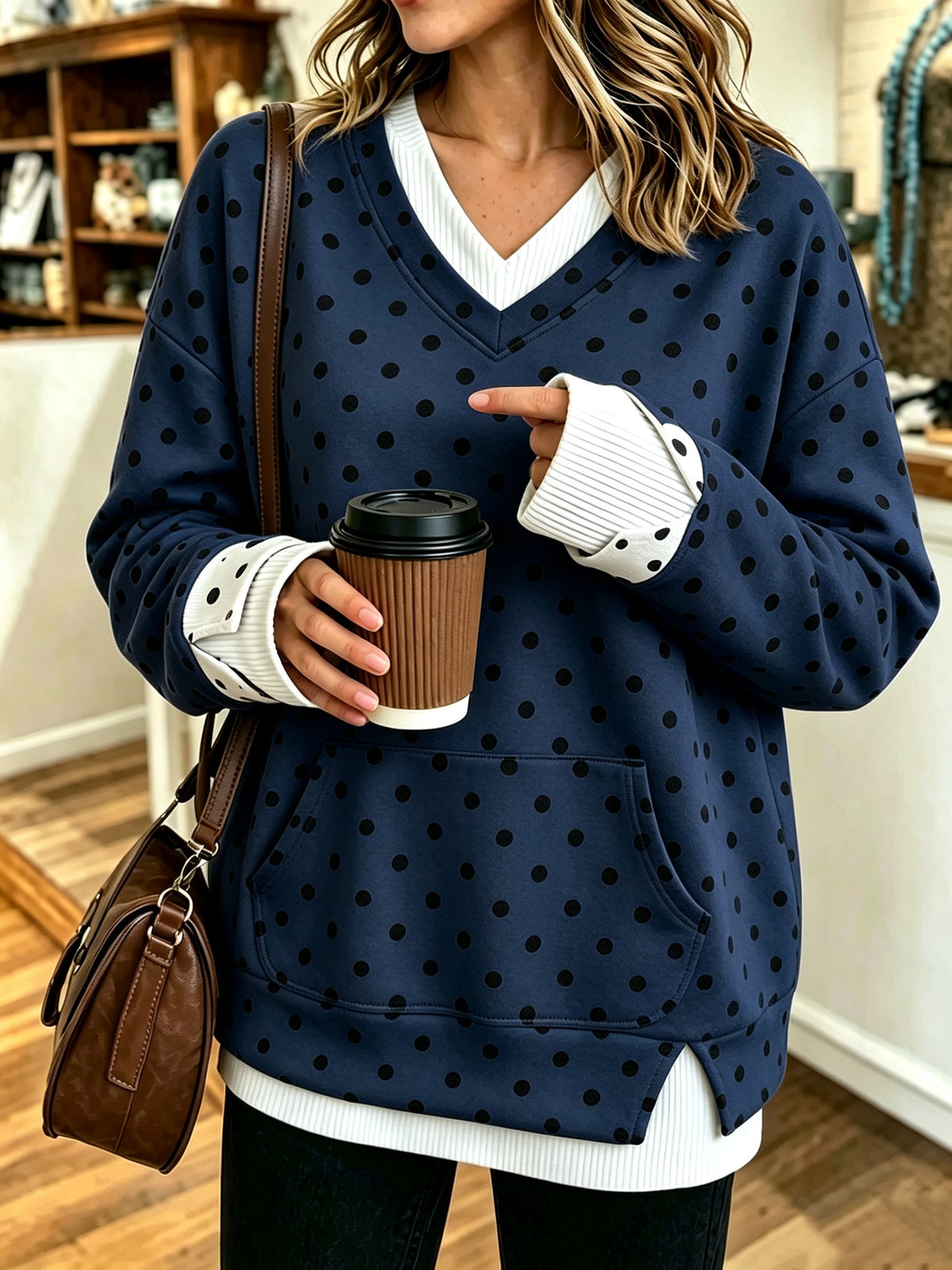 Comfortable Color Block Polka Dot Layered-Look Sweatshirt