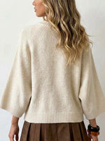 Crew Neck Side‑button Decor Loose Batwing 3/4 Sleeve Knit Pullover